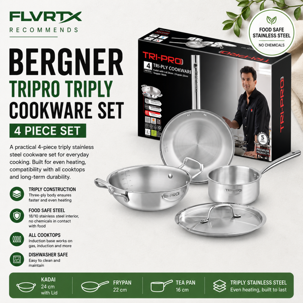 Bergner TriPro Tri-Ply Stainless Steel 4 Pc Cookware Set with kadai, frypan and tea pan