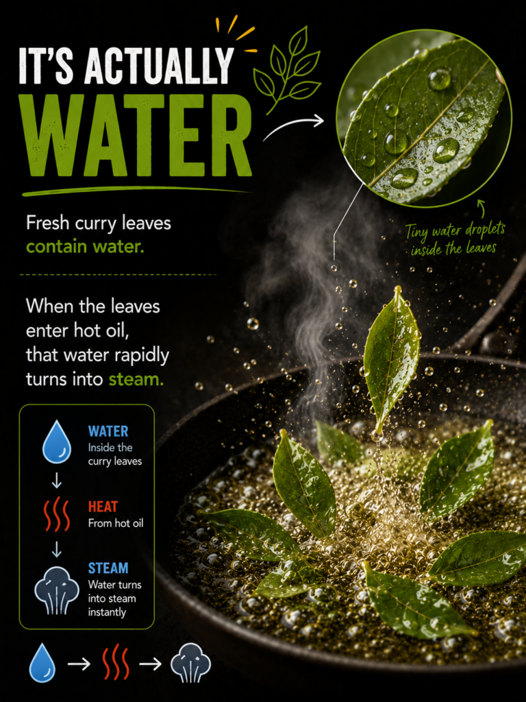 Moisture in curry leaves turning into steam