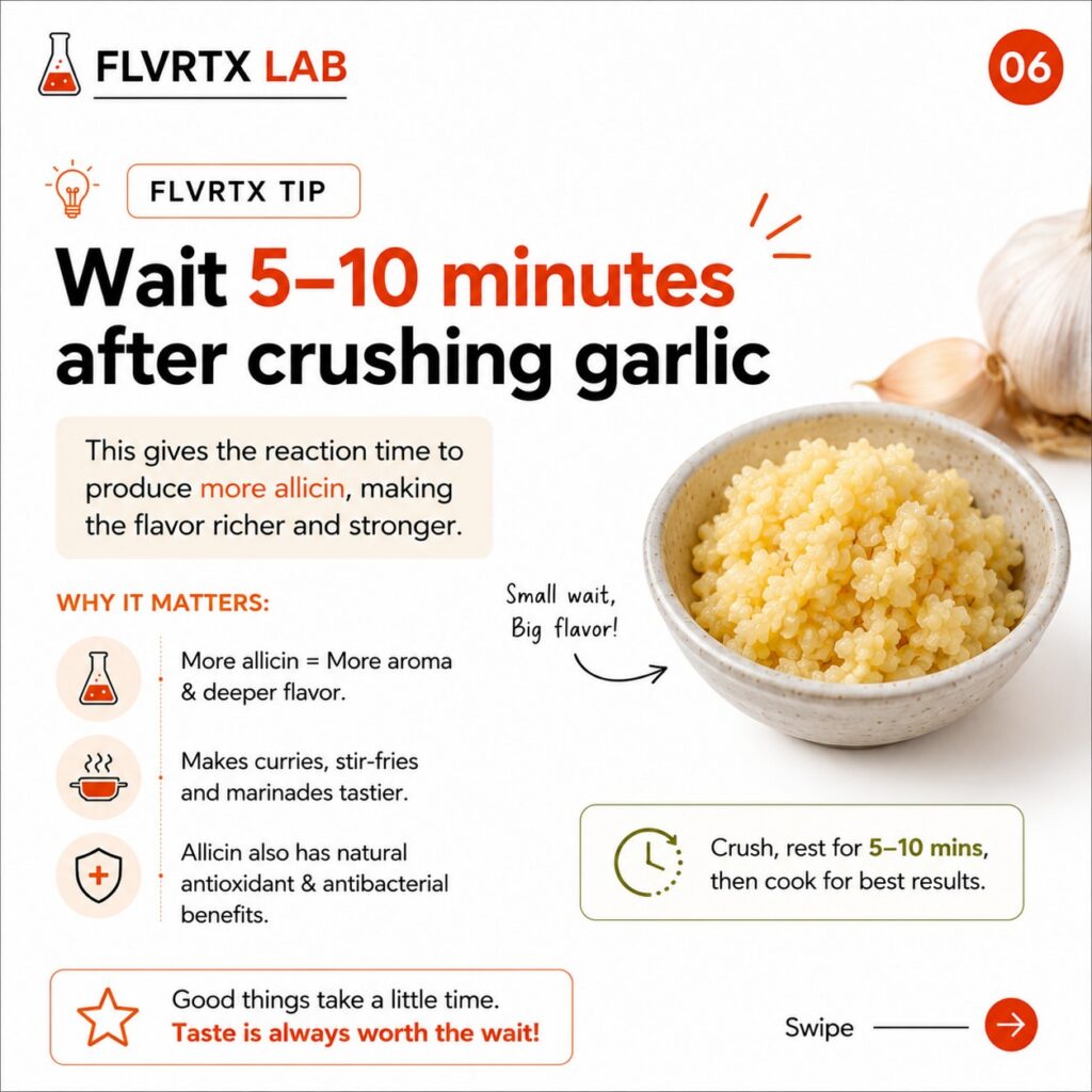 FLVRTX tip to rest crushed garlic for 5 to 10 minutes before cooking