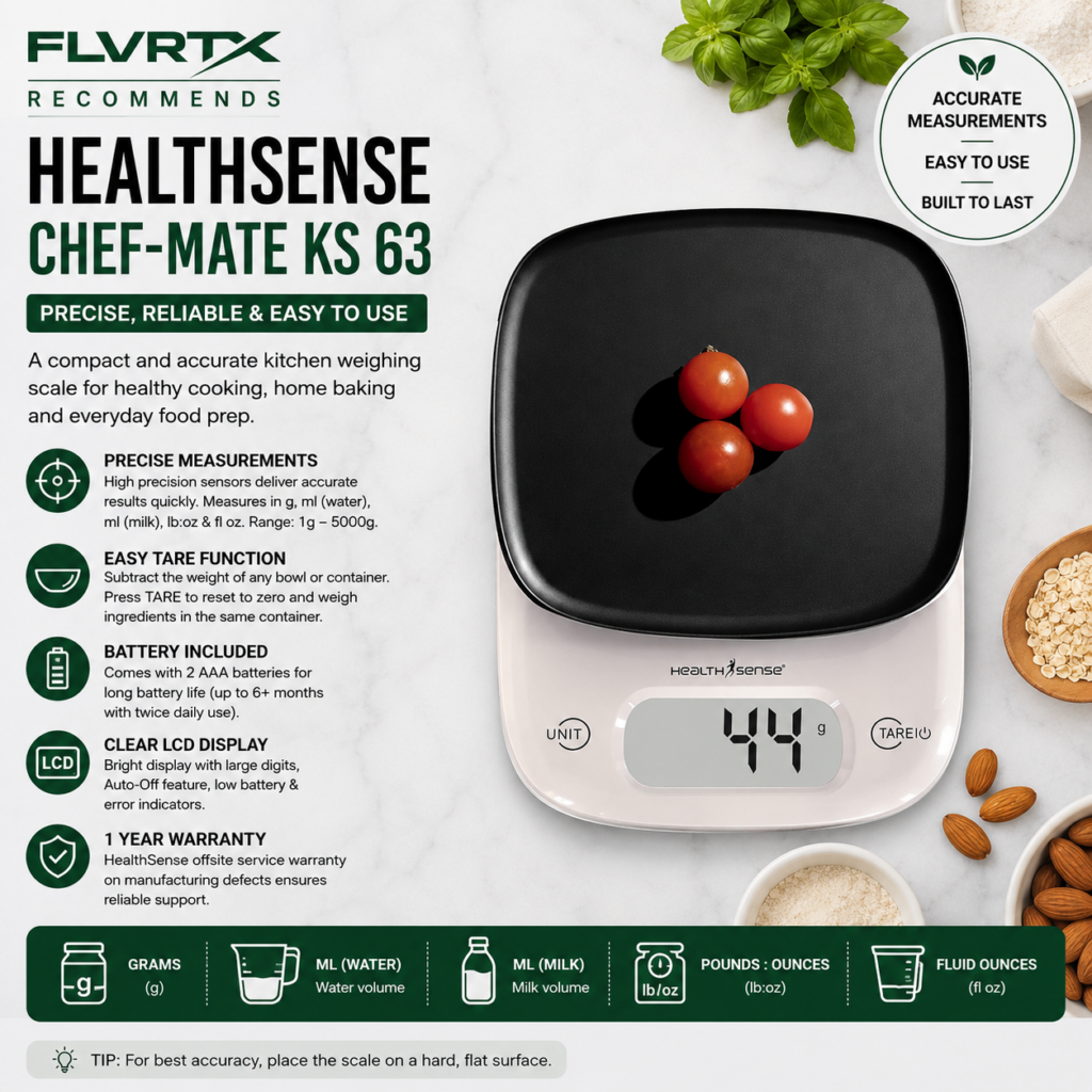 HealthSense Chef-Mate KS 63 digital kitchen weighing scale with tomatoes on the weighing platform