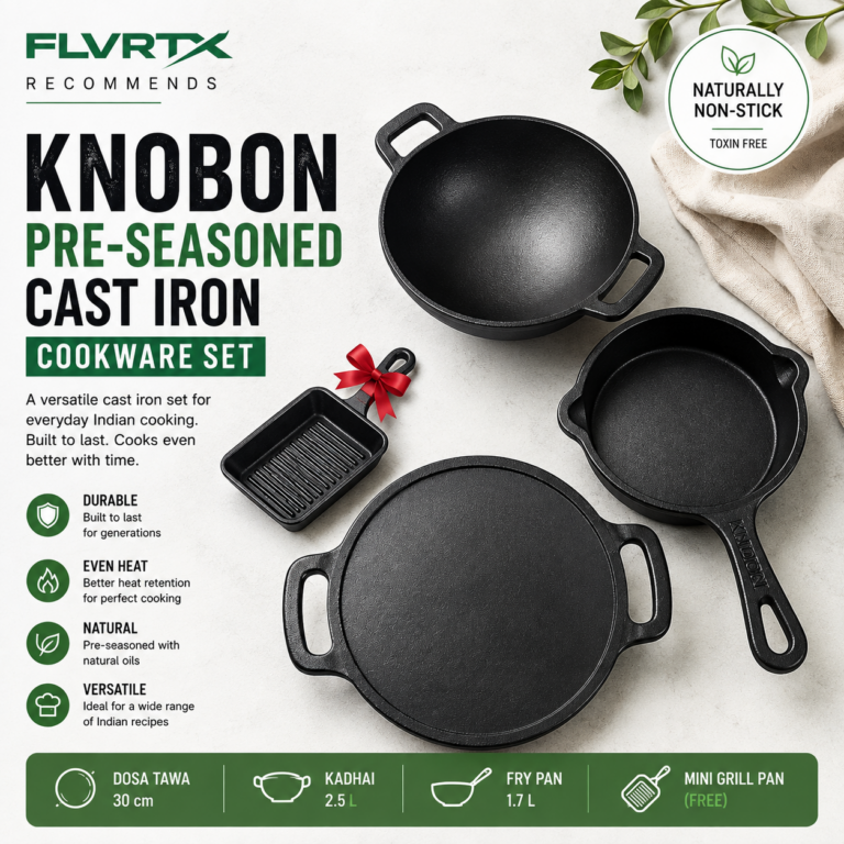 KNOBON pre-seasoned cast iron cookware set with dosa tawa, kadhai, fry pan and mini grill pan