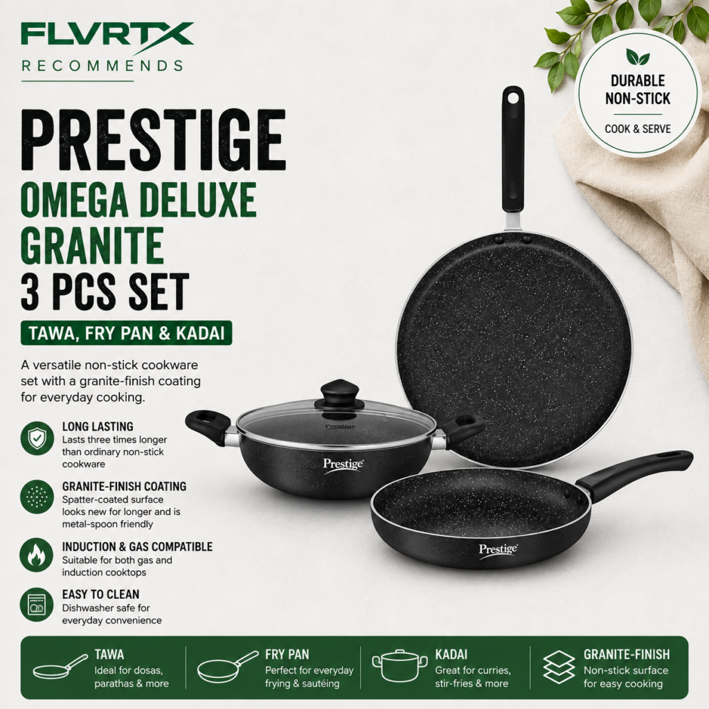 Prestige Omega Deluxe Granite 3-piece non-stick cookware set with tawa, fry pan and kadai