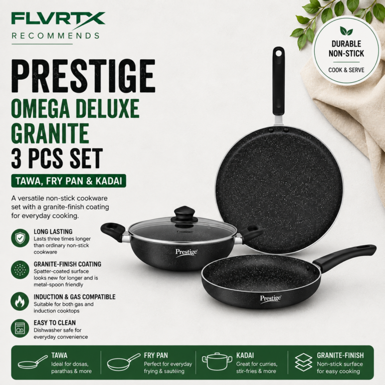 Prestige Omega Deluxe Granite 3-piece non-stick cookware set with tawa, fry pan and kadai