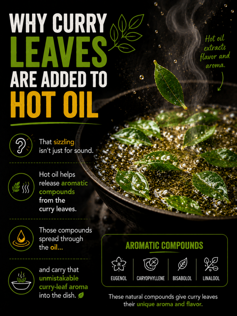 Curry leaves releasing aroma into hot oil