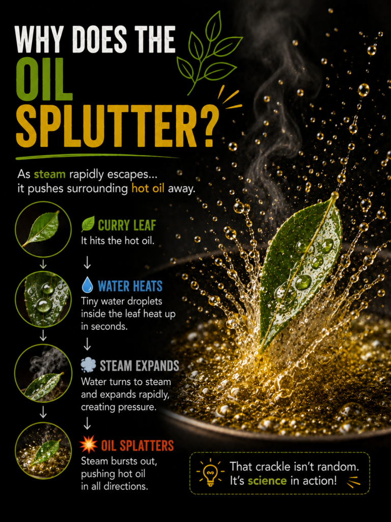Steam escaping from curry leaves and splattering hot oil