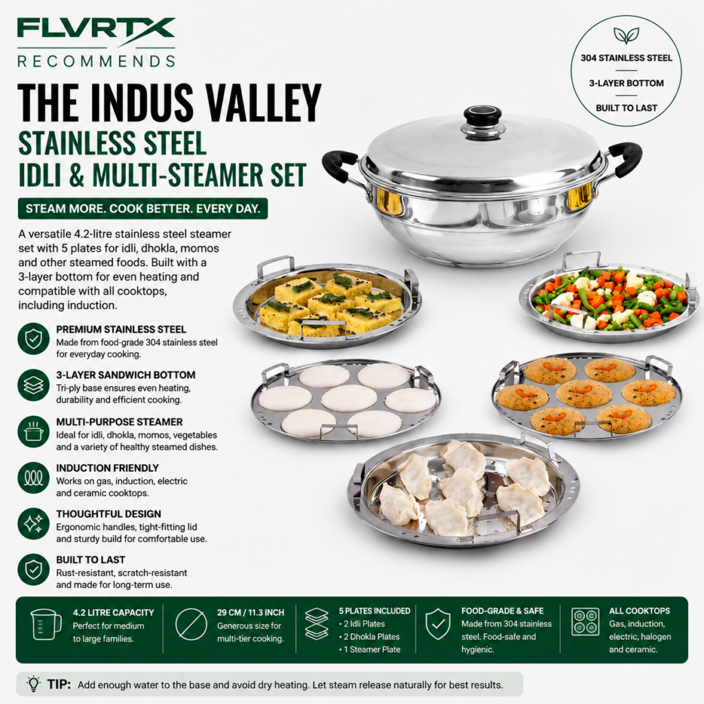 The Indus Valley stainless steel multi-purpose idli and momo steamer with steaming plates